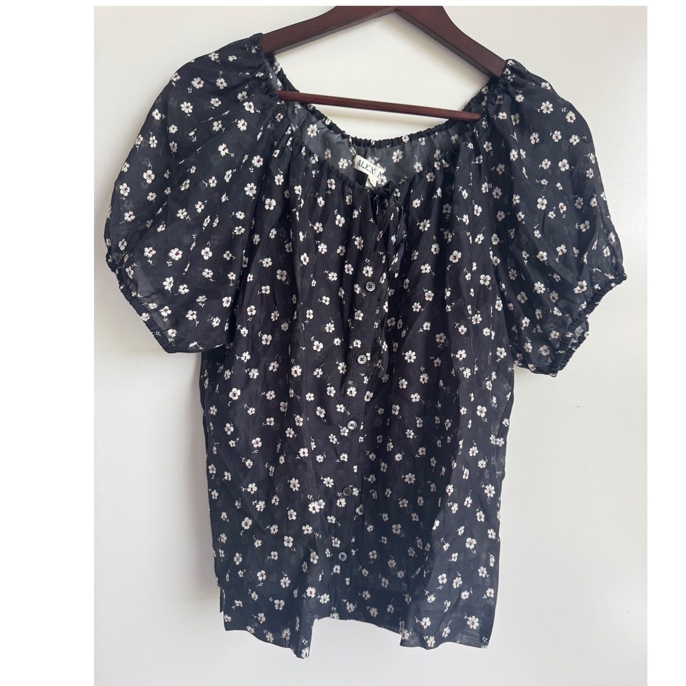 Alex Mill Rose Floral Cotton Silk Tie Neck Blouse Black Floral Puff Sleeve Med